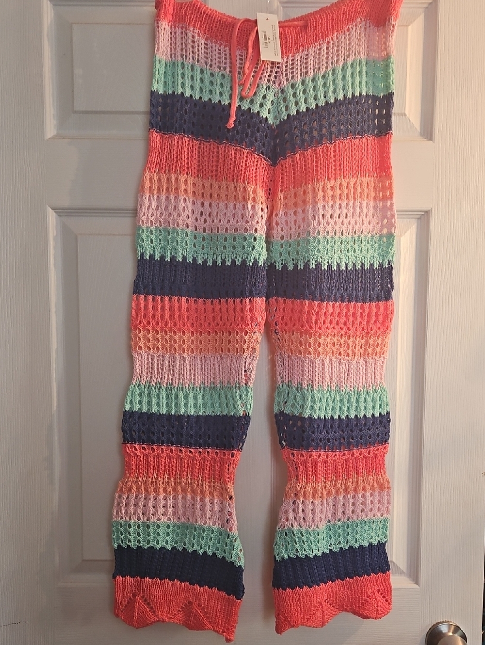 Striped Crochet Knit Pants - Coral, Mint & Navy